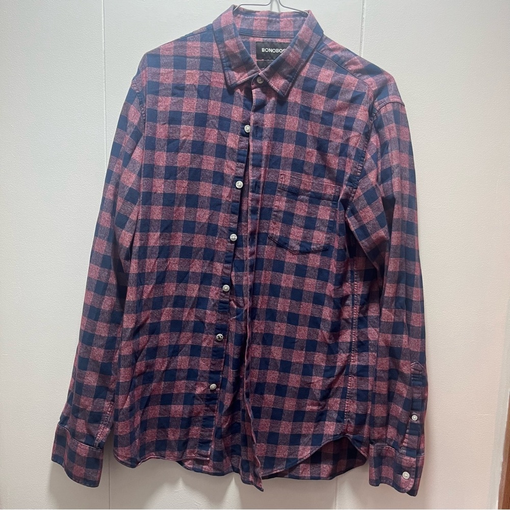 Bonobos Mens Shirt Size Medium Slim‎ Fit Blue Pink Plaid Long Sleeve Button Down